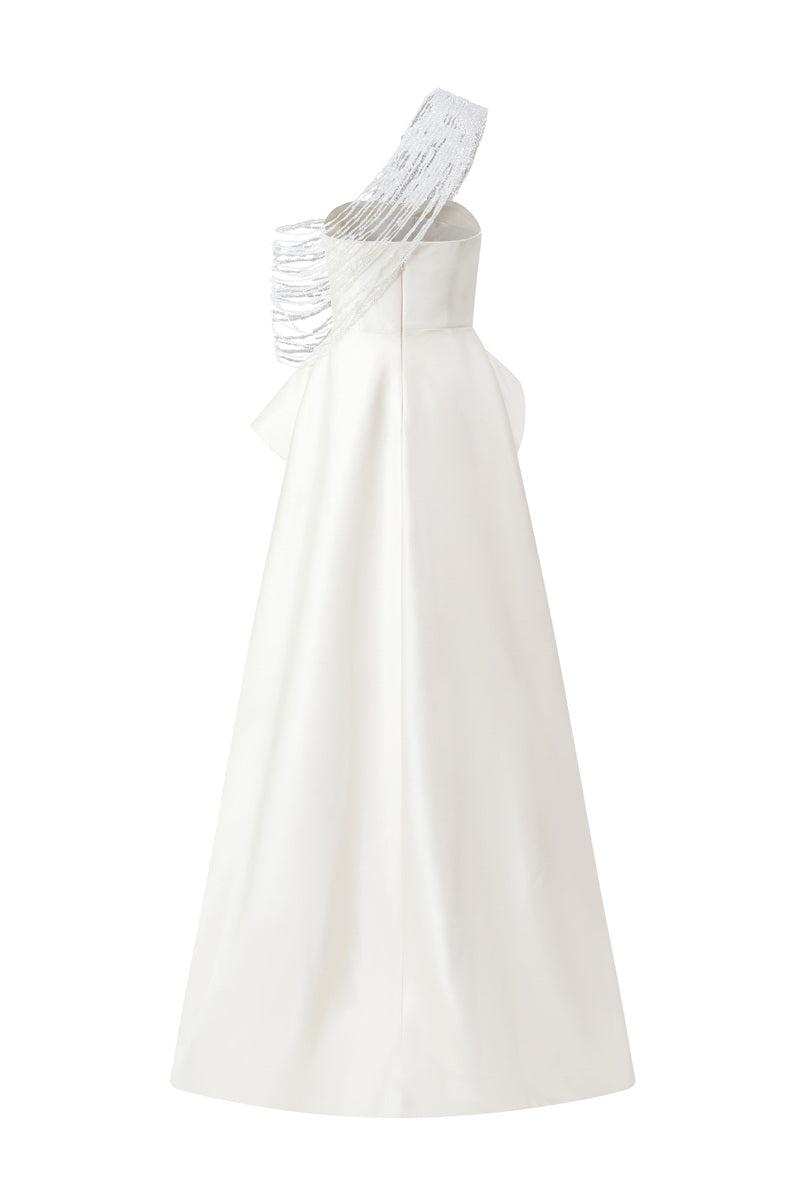 Ivory taffeta bamboo peplum maxi dress by Tracy Studio, featuring a flowing silhouette and elegant design.