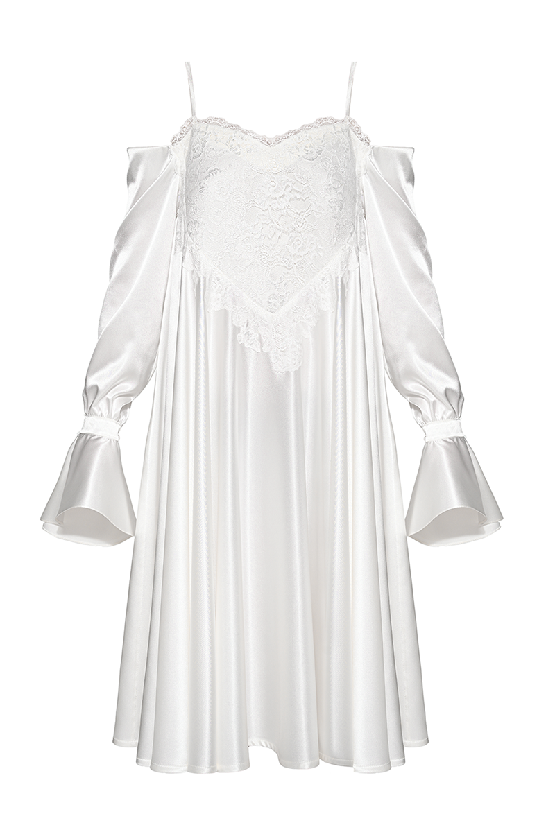 Liya Ivory Whisper gown featuring elegant white fabric with delicate detailing, suitable for formal or special occasions.