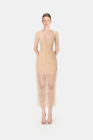 Ivory beaded lace pencil gown by Montsand, featuring intricate beadwork and a fitted silhouette for elegant occasions.