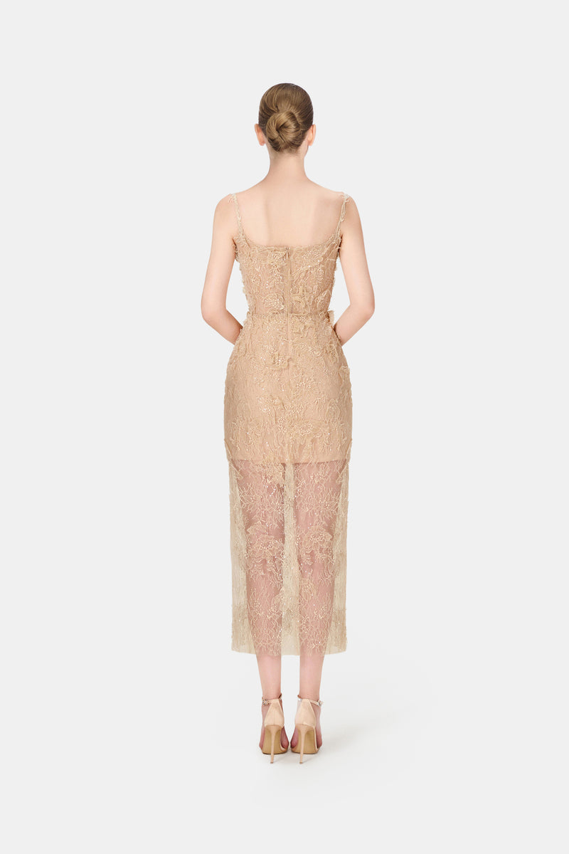 Ivory beaded lace pencil gown by Montsand, showcasing intricate beadwork and elegant fitted silhouette suitable for formal occasions.