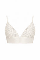Ivory crystal bralette by Monika Dimova, featuring delicate lace and crystal embellishments, designed as a stylish tops accessory.