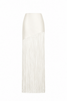 Ivory fringe maxi skirt by Monika Dimova, flowing long skirt with decorative fringe details, perfect for bohemian or casual outfits.