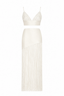 Ivory fringe two-piece co-ords set by Monika Dimova, featuring a stylish top and matching skirt with decorative fringe details.