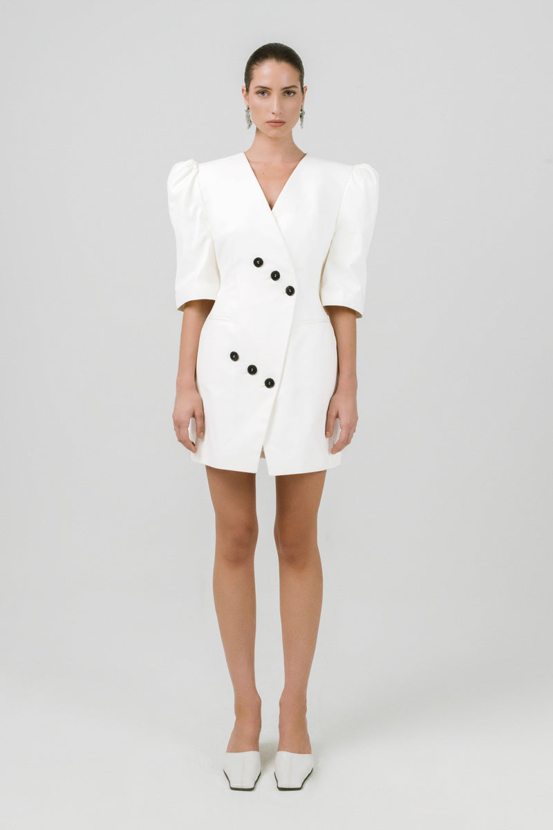 Off-white Mila blazer dress by Izakova, featuring a stylish mini dress design with tailored blazer details.