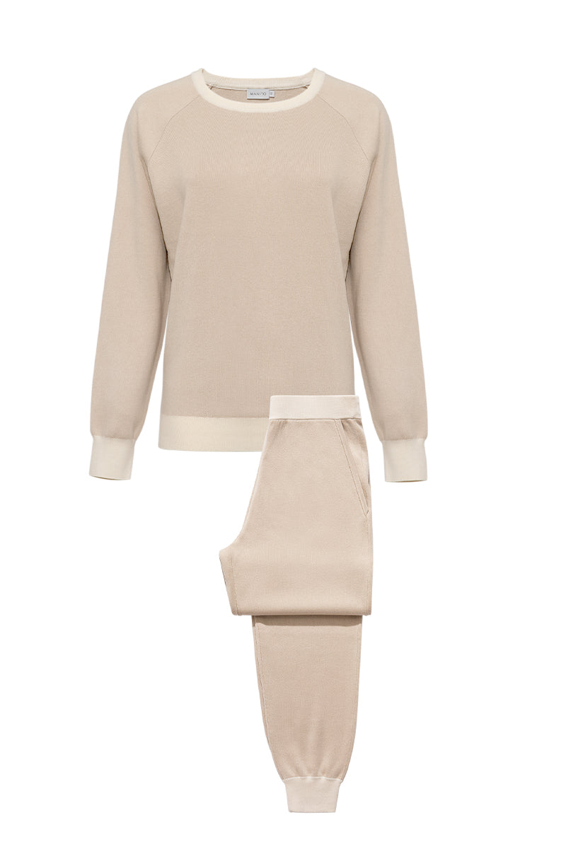 Brown silk cashmere loungewear set by MANITO featuring color contrast design, soft fabric, and comfortable fit.