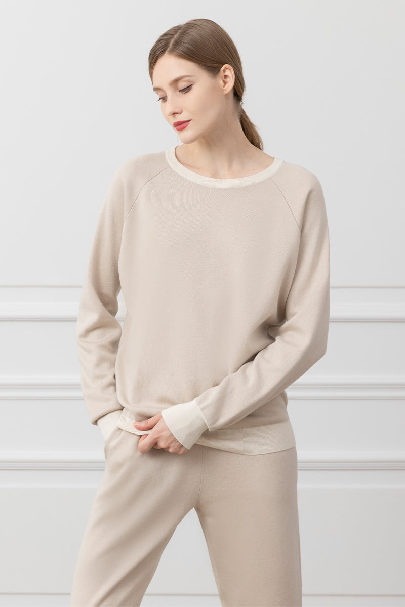 Brown silk cashmere loungewear set by MANITO featuring color contrast design, soft fabric, and comfortable fit.