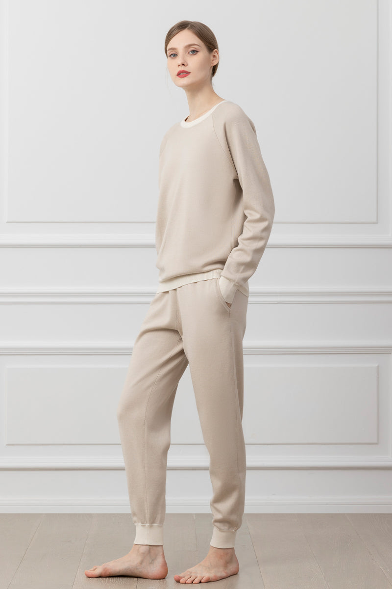 Brown silk cashmere loungewear set by MANITO featuring color contrast design, soft fabric, and relaxed fit.