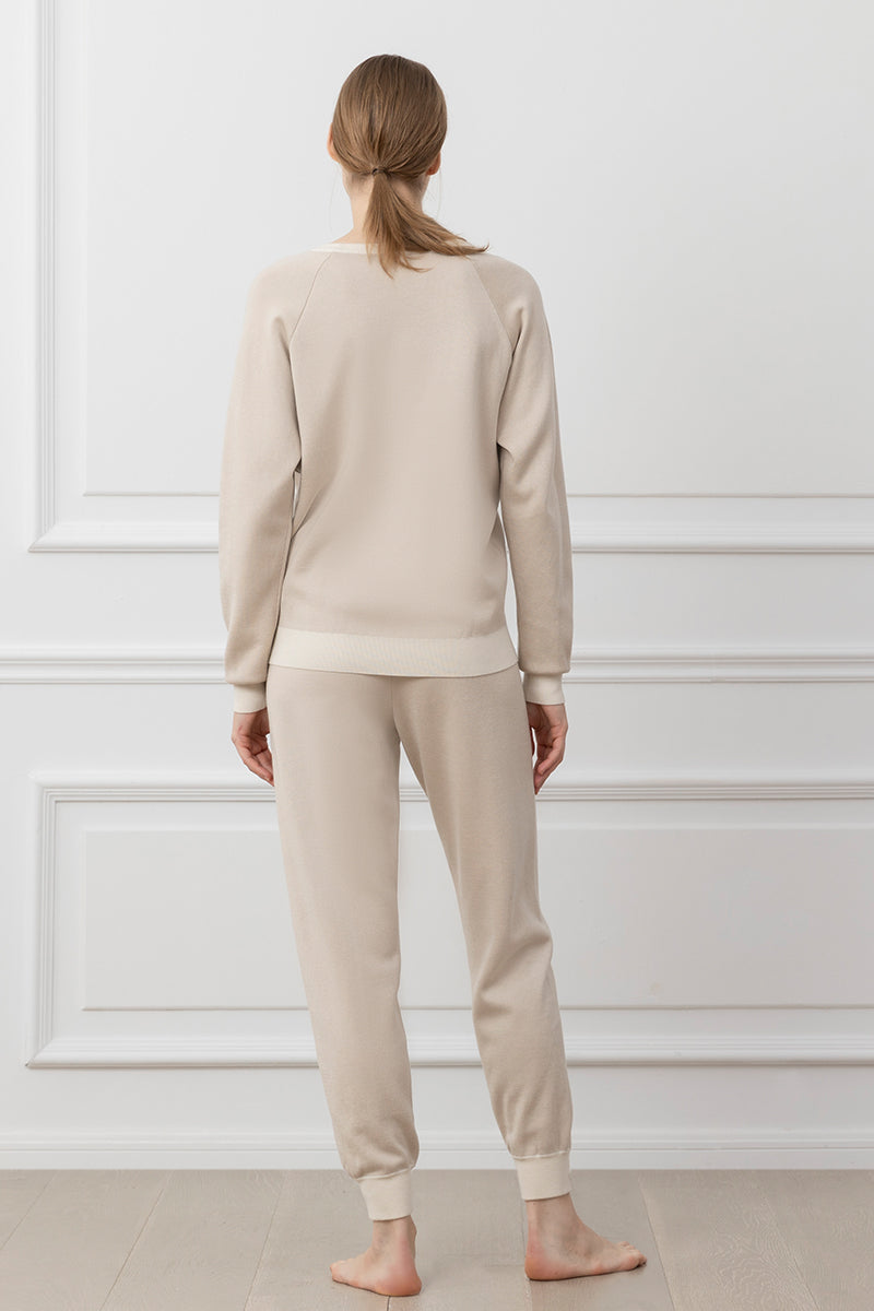 Brown silk and cashmere loungewear set by MANITO featuring color contrast design, comfortable and stylish for relaxing wear.