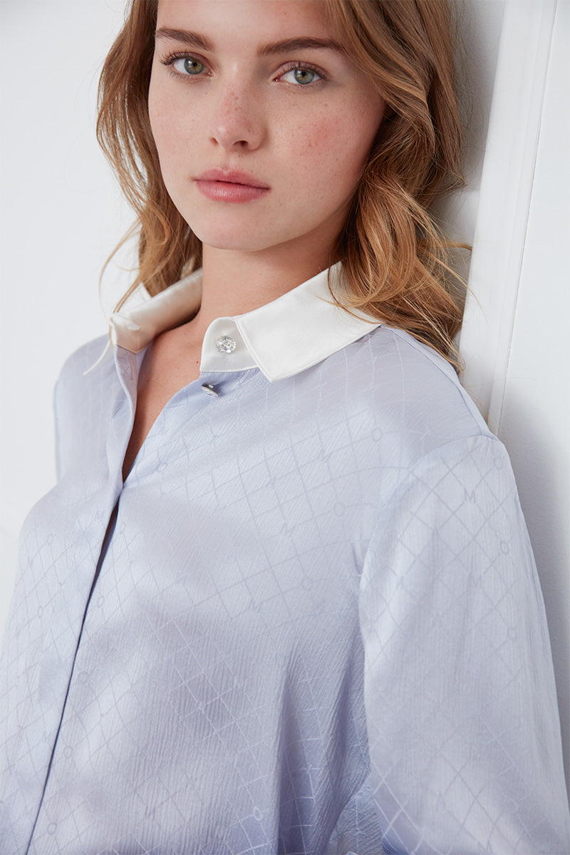 MONOGRAM SILK LONG SHIRT IN PURPLE - CULT MIA