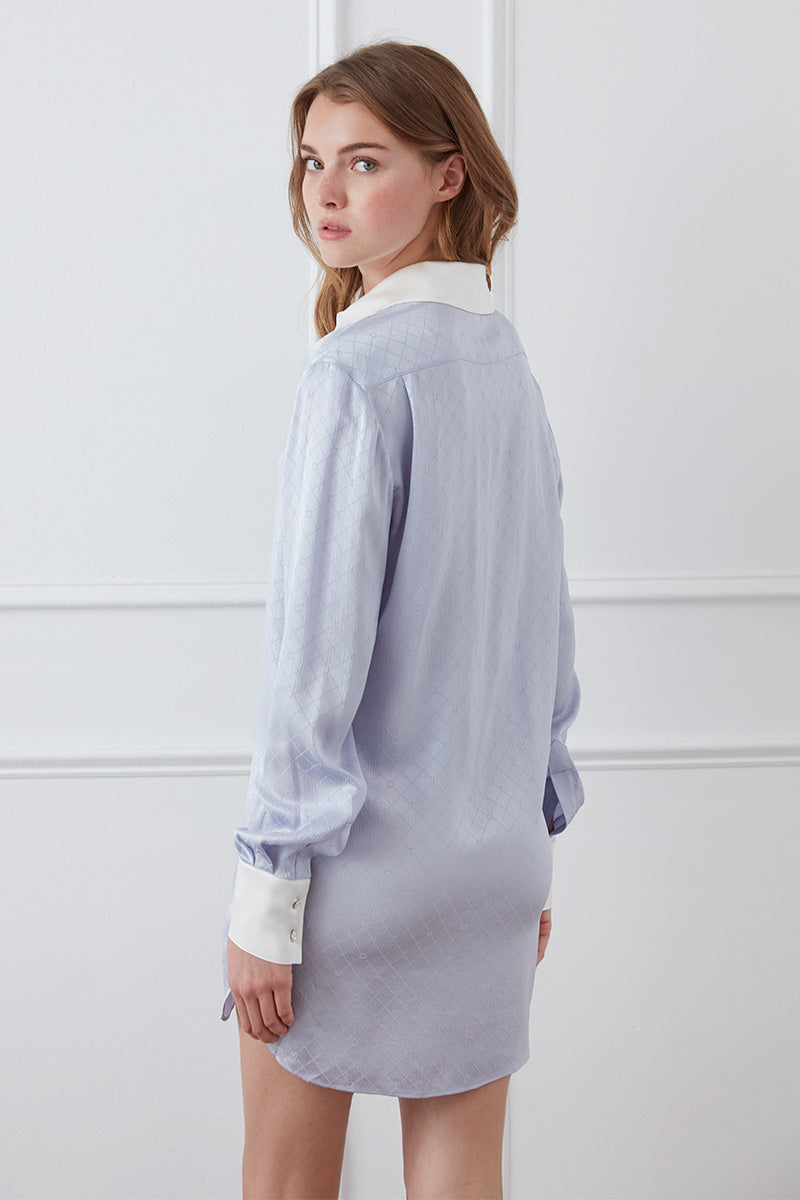MONOGRAM SILK LONG SHIRT IN PURPLE - CULT MIA
