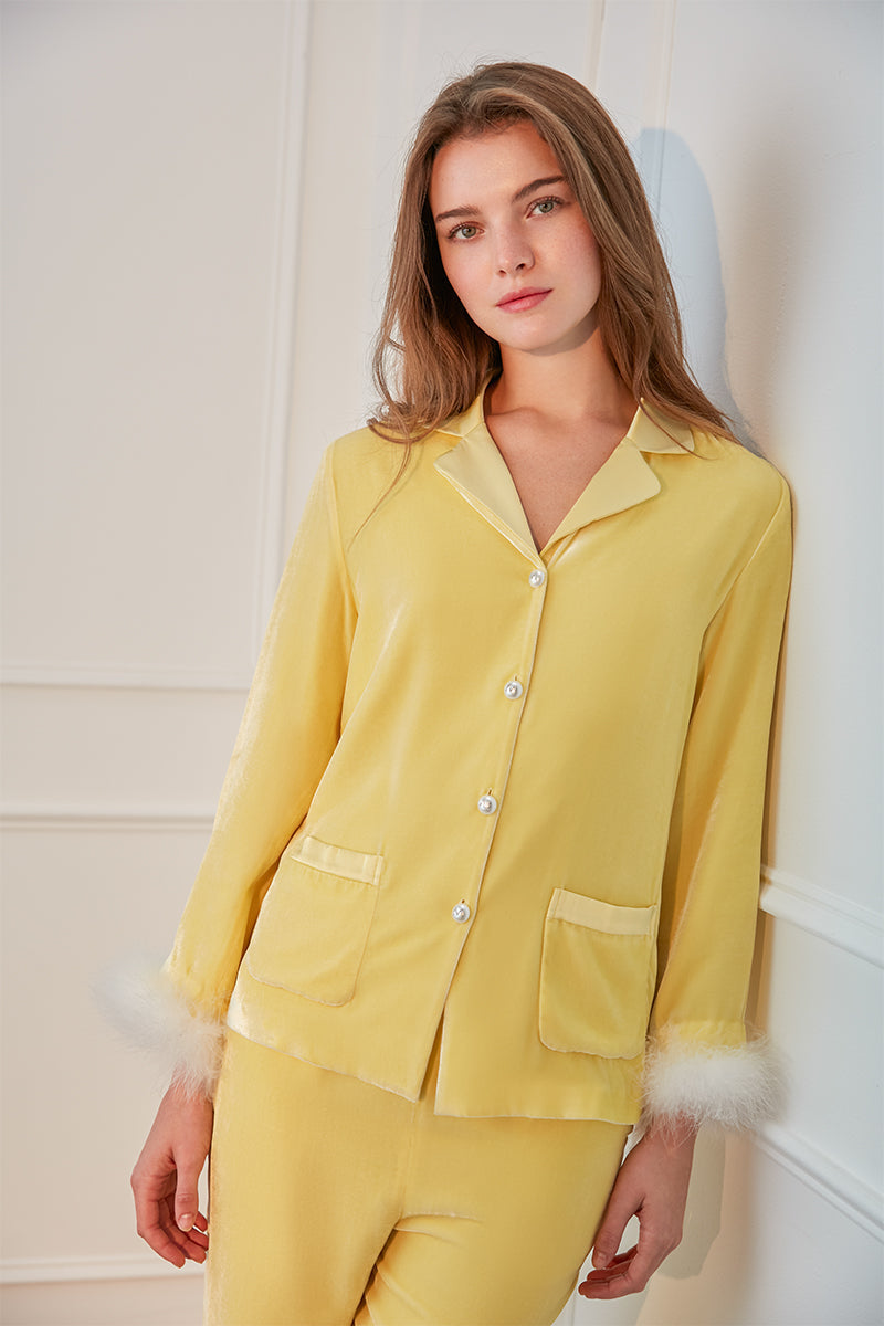 Yellow Diva Pajama Set by MANITO, featuring comfortable sleepwear with a relaxed fit and soft fabric.