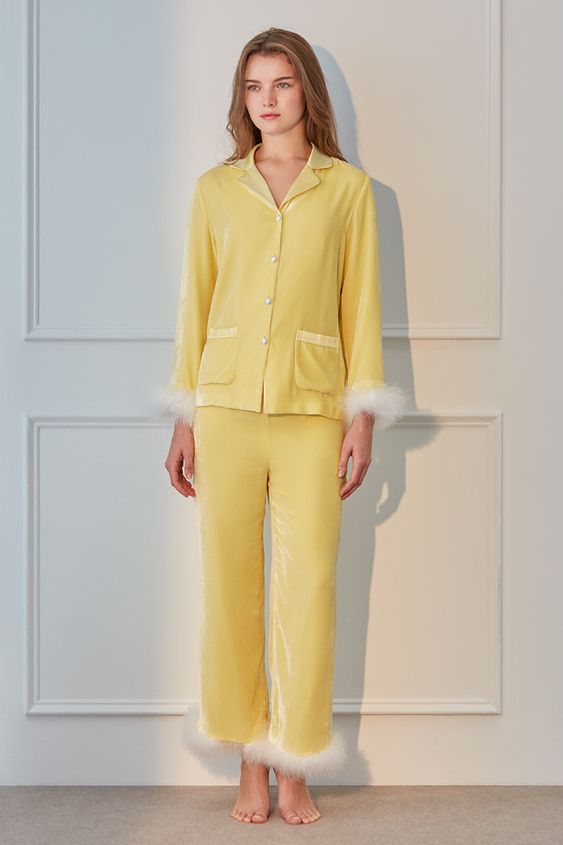 Yellow MANITO Diva pajama set featuring a comfortable top and matching pants, ideal for cozy nights and relaxed lounging.