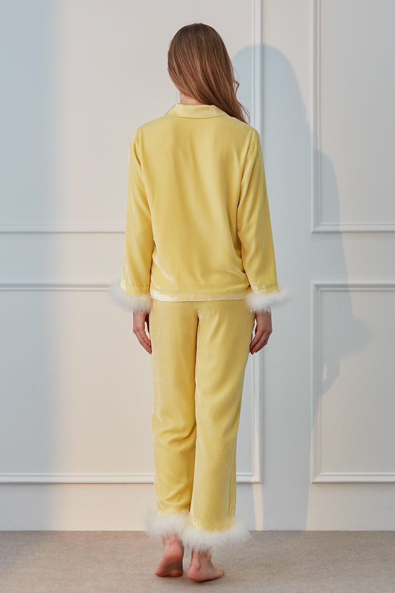 Yellow DIVA pajama set by MANITO, featuring comfortable sleepwear with a soft fabric and relaxed fit, shown on a model.