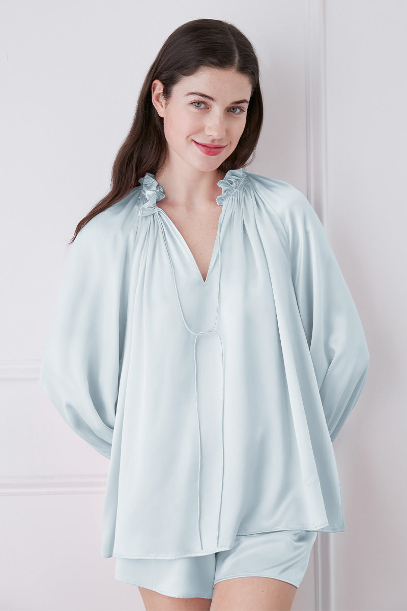 SOPHIA RUFFLE TRIM BLOUSE AND SHORTS IN BLUE - CULT MIA