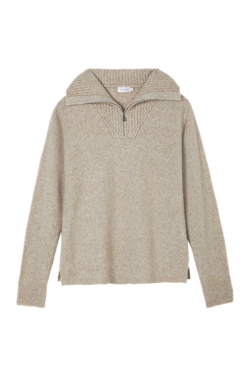 Manito Heather Silk Cashmere Pullover in Dusk, a cozy and stylish sweater with soft silk and cashmere blend, displayed in a natural pose.