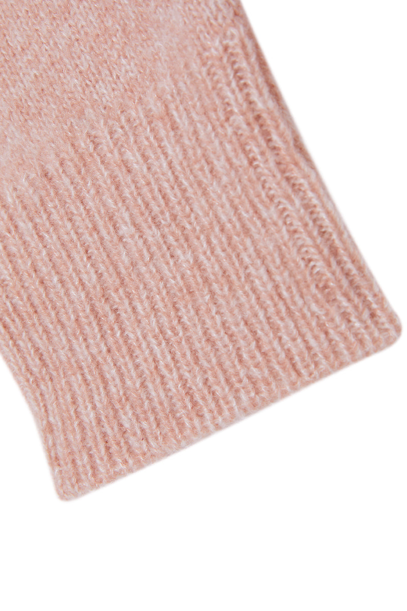Pink Heather silk cashmere sweater by MANITO, showing a close-up of the soft, luxurious knit fabric and stylish design.