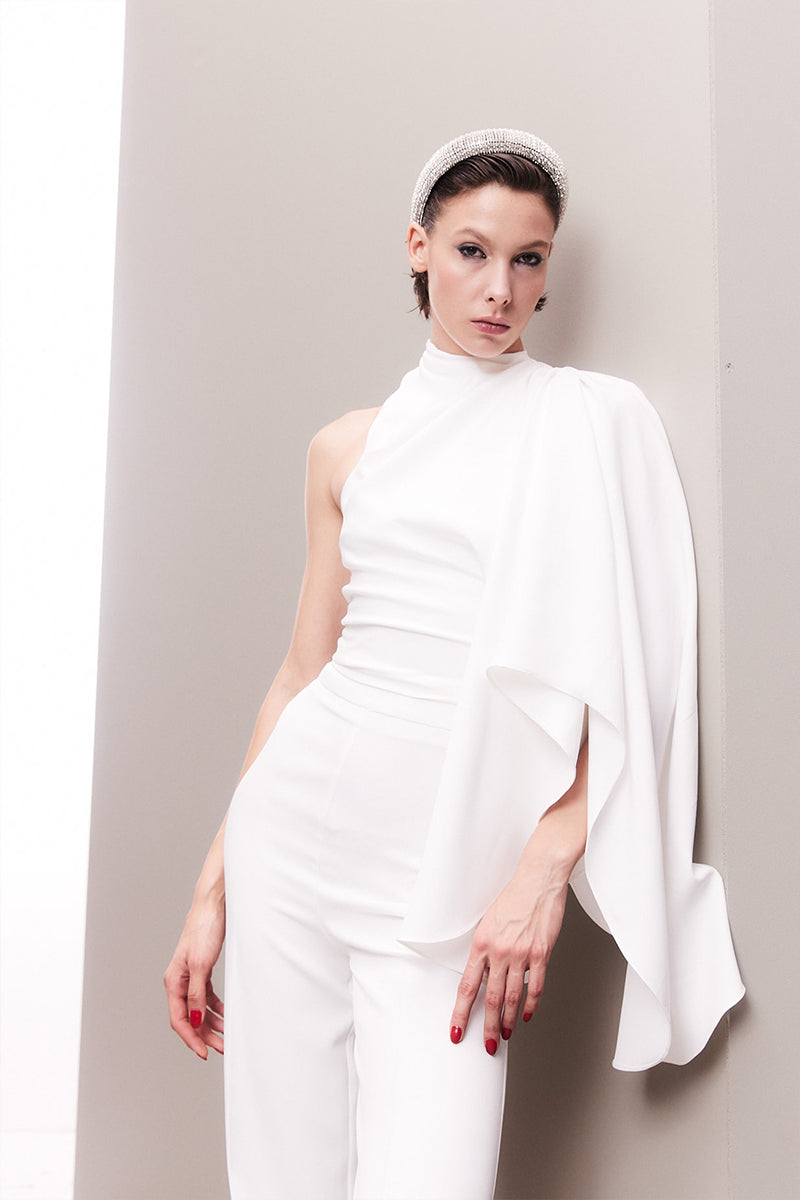 ASYMMETRICAL ONE-SHOULDER DRAPED BRIDAL TWO-PIECE SET - CULT MIA
