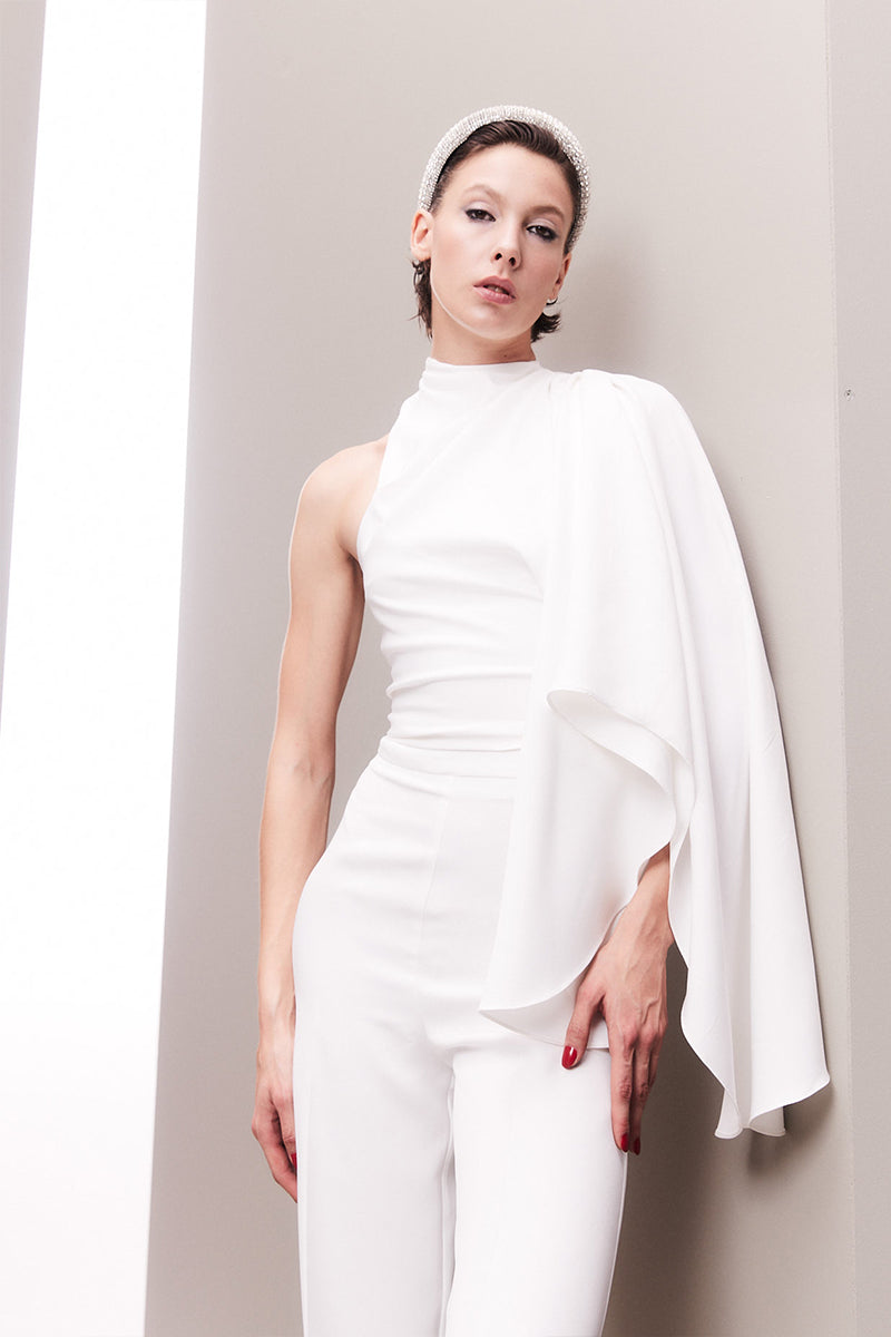 ASYMMETRICAL ONE-SHOULDER DRAPED BRIDAL TWO-PIECE SET - CULT MIA