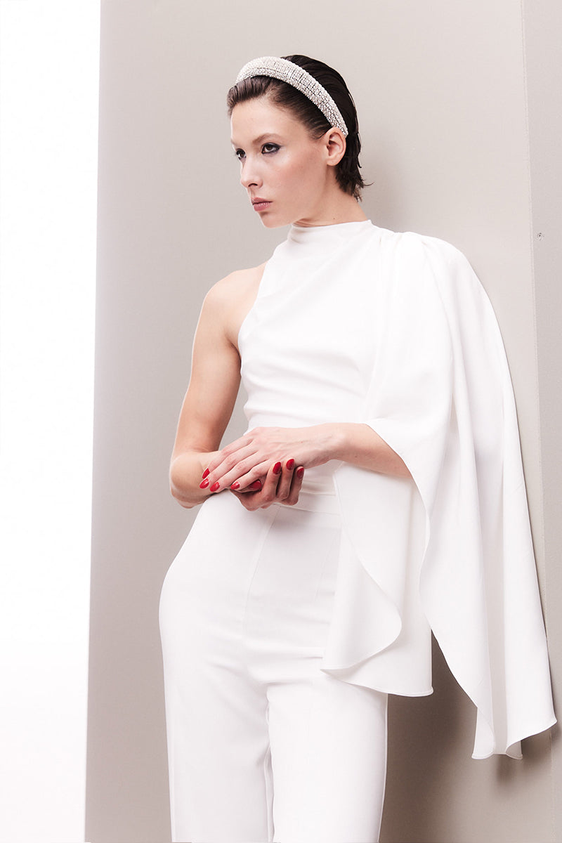 ASYMMETRICAL ONE-SHOULDER DRAPED BRIDAL TWO-PIECE SET - CULT MIA