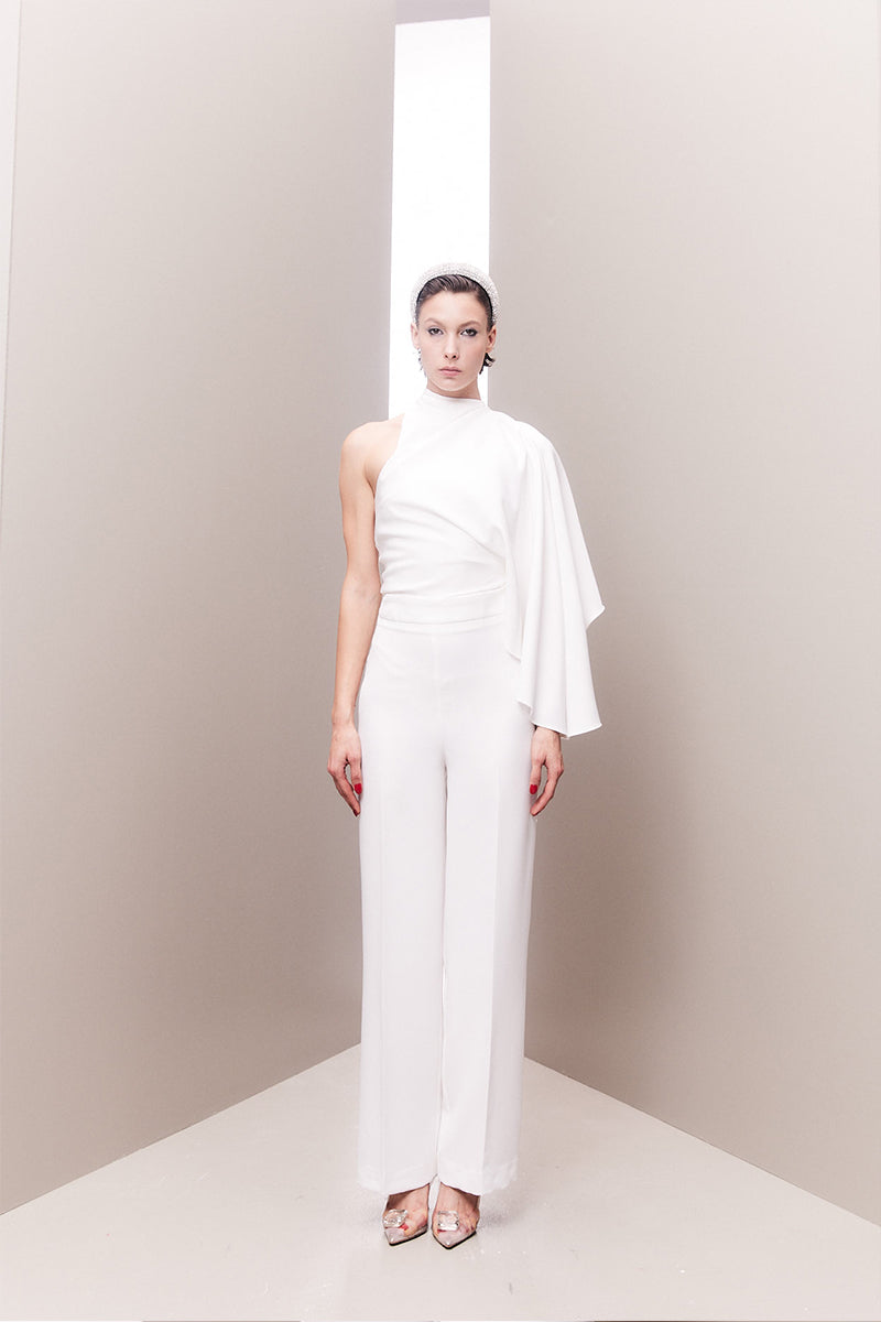 ASYMMETRICAL ONE-SHOULDER DRAPED BRIDAL TWO-PIECE SET - CULT MIA
