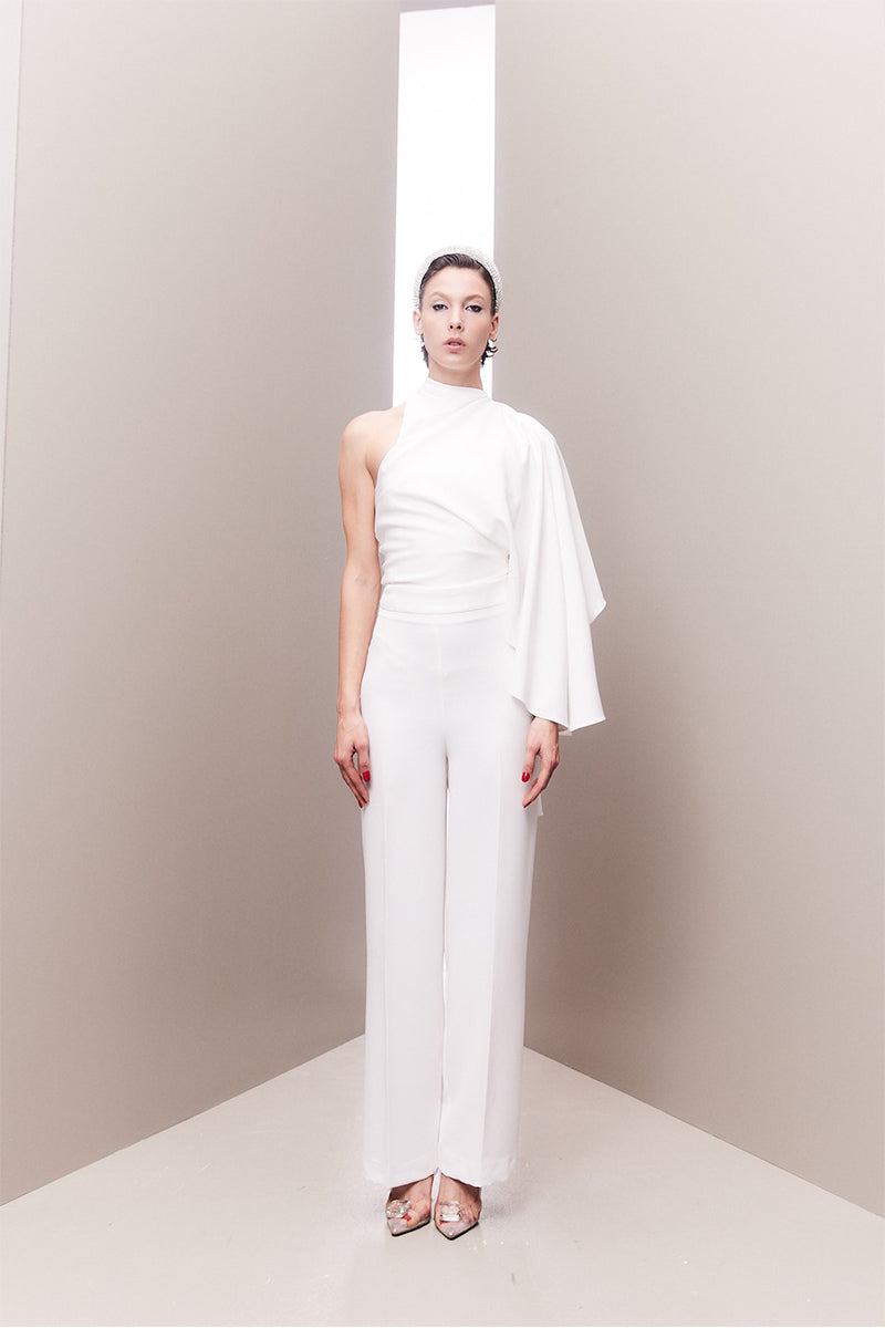 ASYMMETRICAL ONE-SHOULDER DRAPED BRIDAL TWO-PIECE SET - CULT MIA