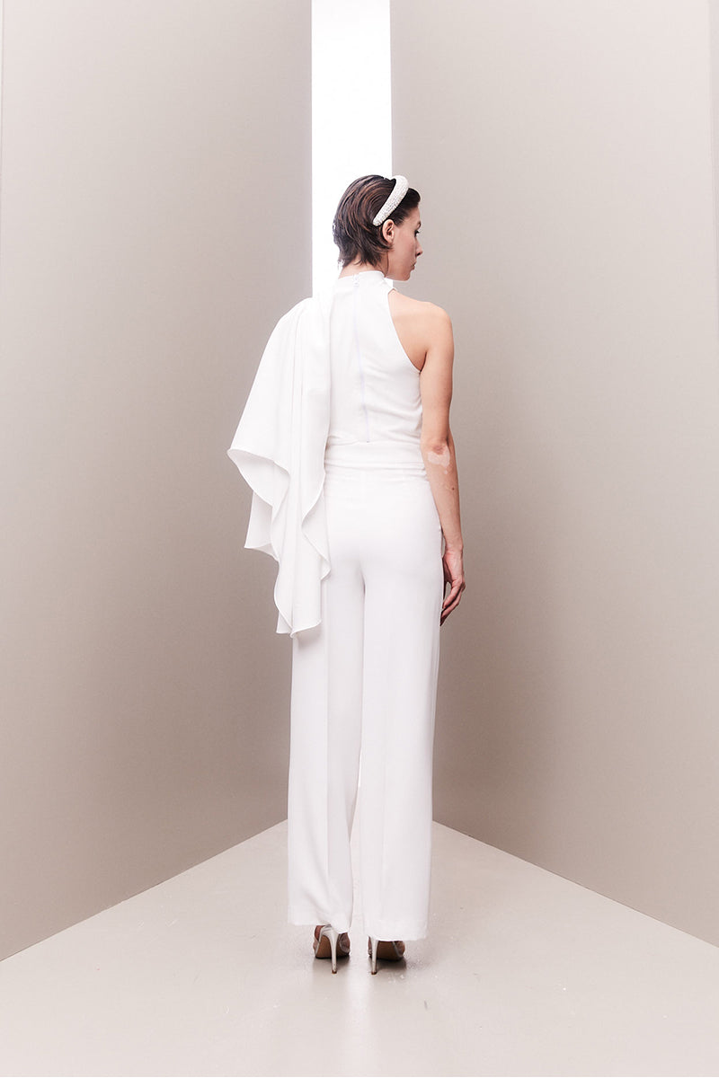 ASYMMETRICAL ONE-SHOULDER DRAPED BRIDAL TWO-PIECE SET - CULT MIA