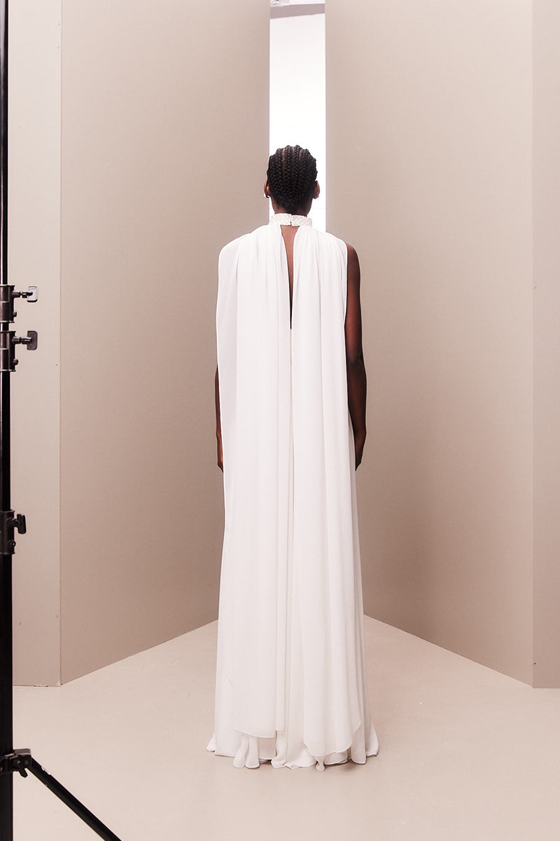 WHITE STRAPLESS GOWN FEATURING CHOKER CAPE - CULT MIA