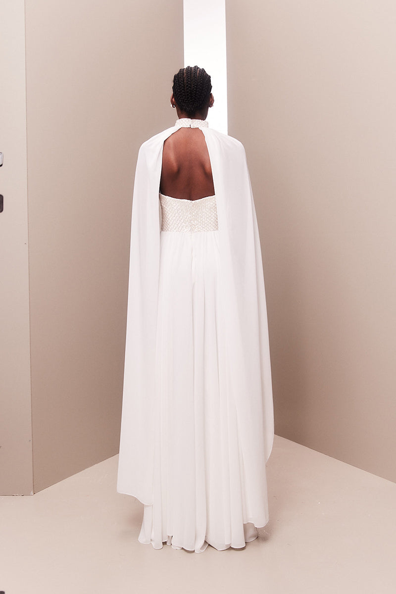 WHITE STRAPLESS GOWN FEATURING CHOKER CAPE - CULT MIA