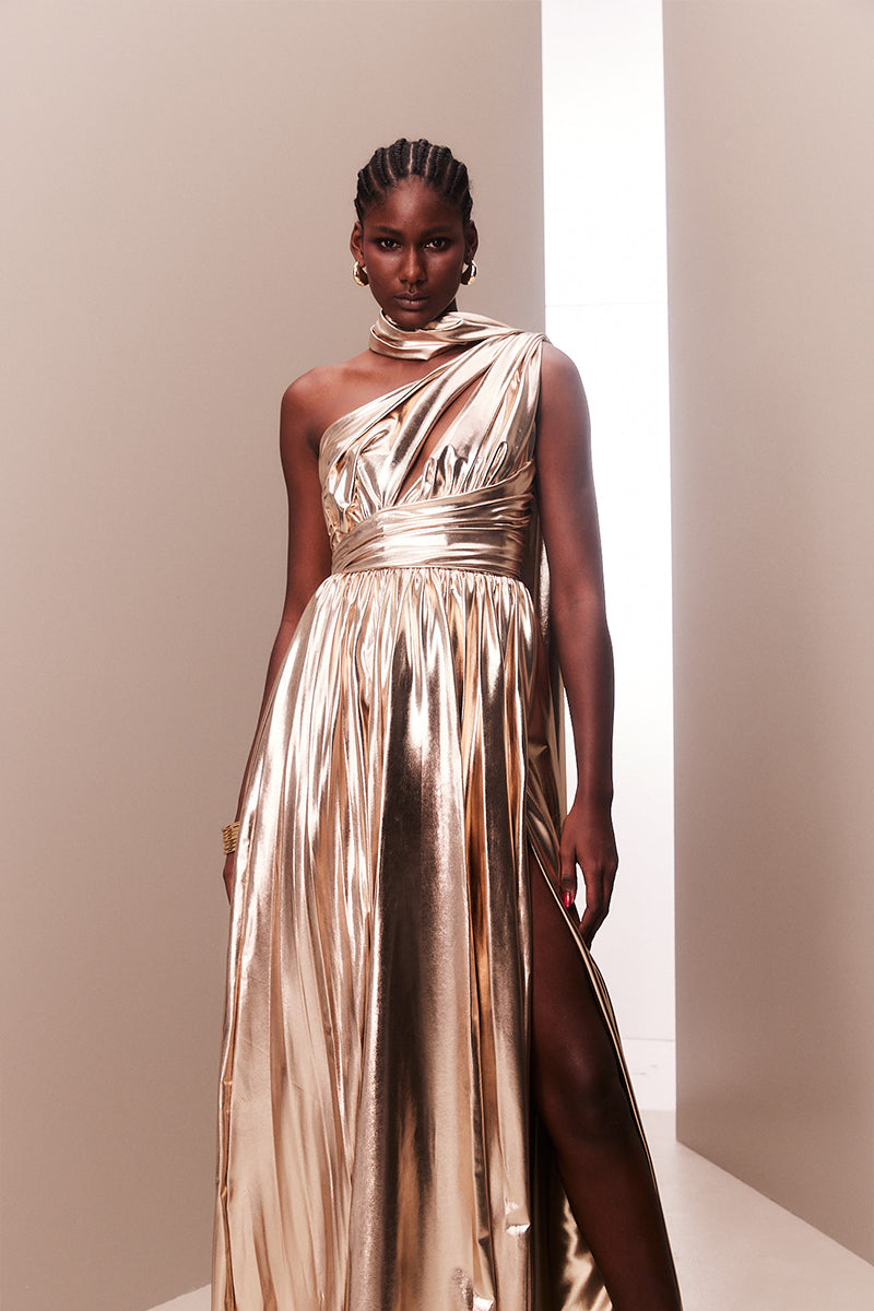 ROSE GOLD METALLIC DRAPED ASYMMETRIC GOWN - CULT MIA