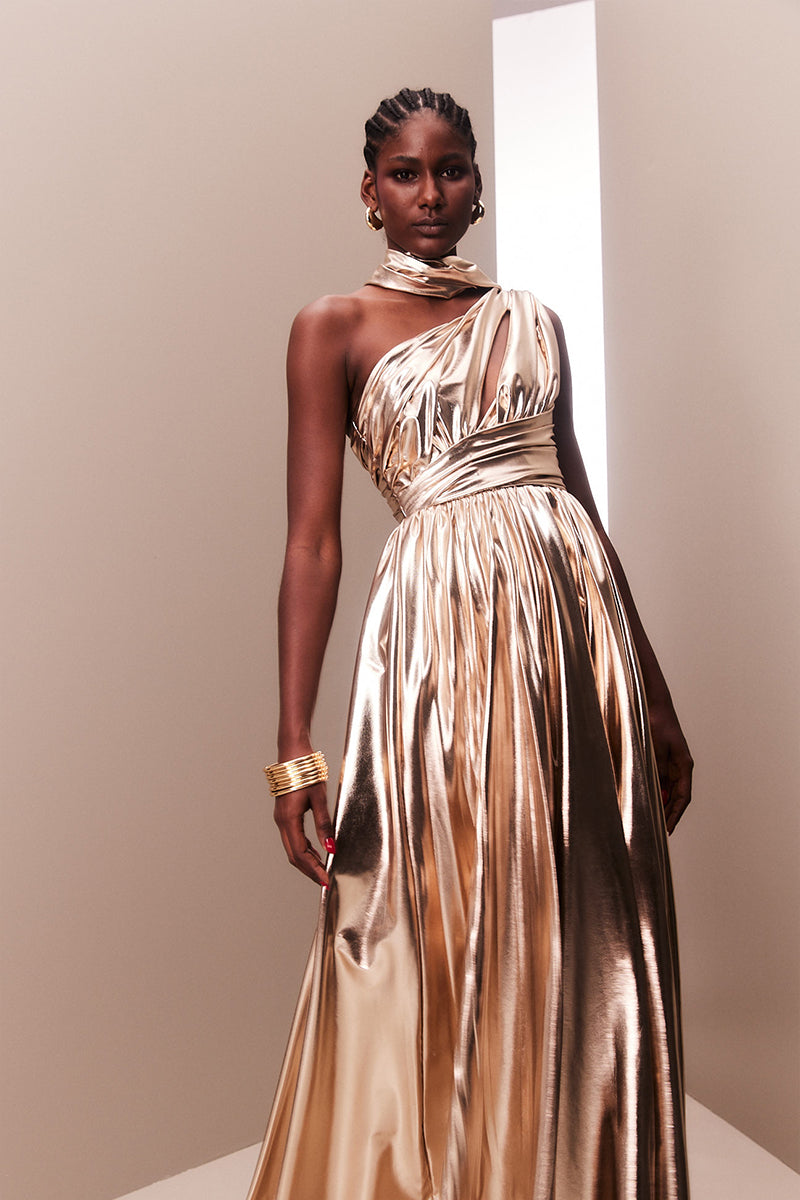 ROSE GOLD METALLIC DRAPED ASYMMETRIC GOWN - CULT MIA