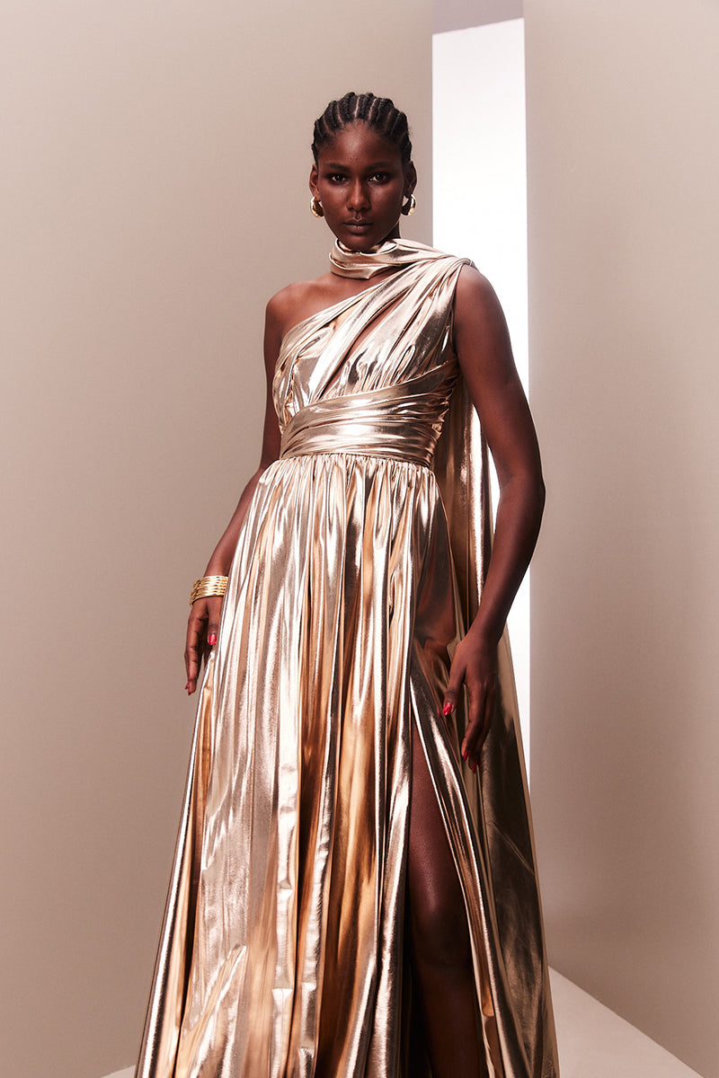 ROSE GOLD METALLIC DRAPED ASYMMETRIC GOWN - CULT MIA