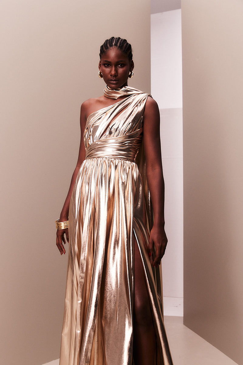 ROSE GOLD METALLIC DRAPED ASYMMETRIC GOWN - CULT MIA