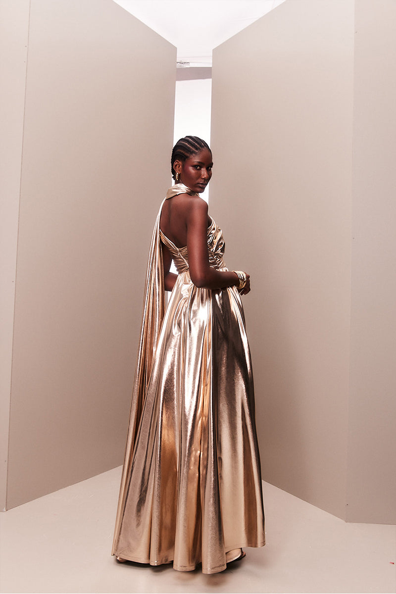 ROSE GOLD METALLIC DRAPED ASYMMETRIC GOWN - CULT MIA