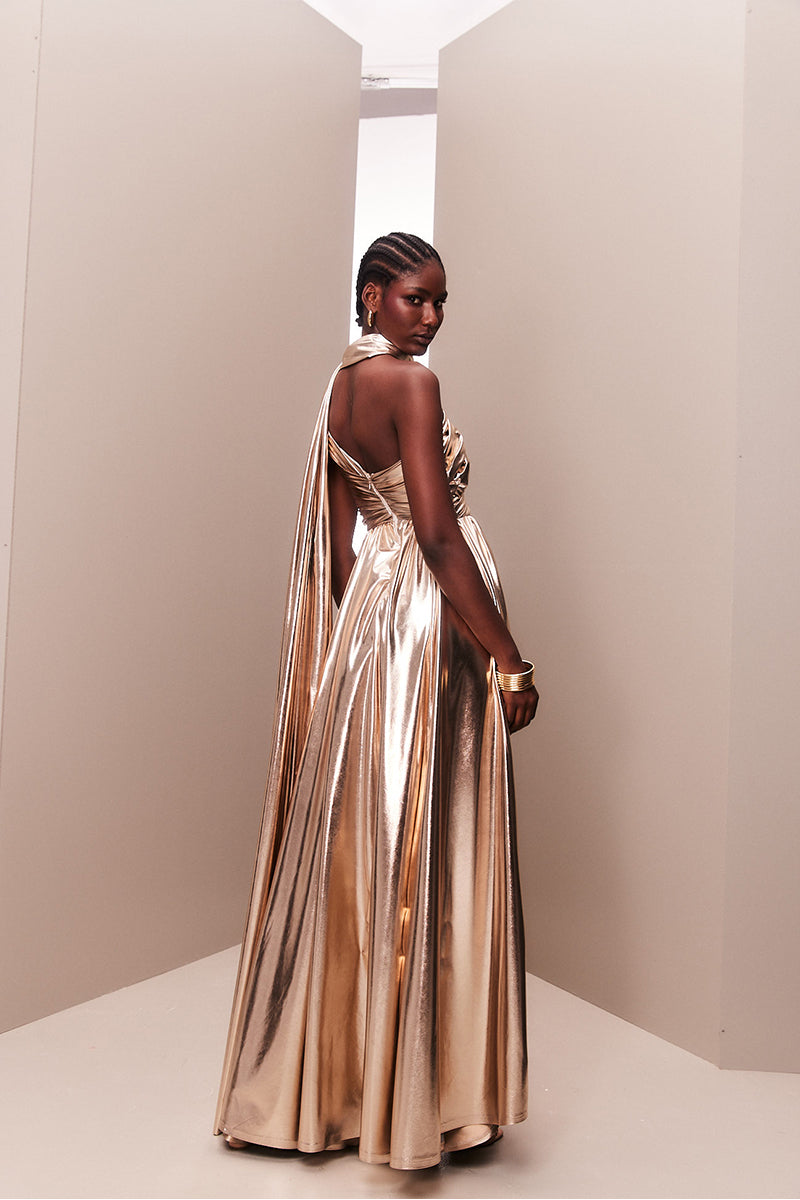 ROSE GOLD METALLIC DRAPED ASYMMETRIC GOWN - CULT MIA