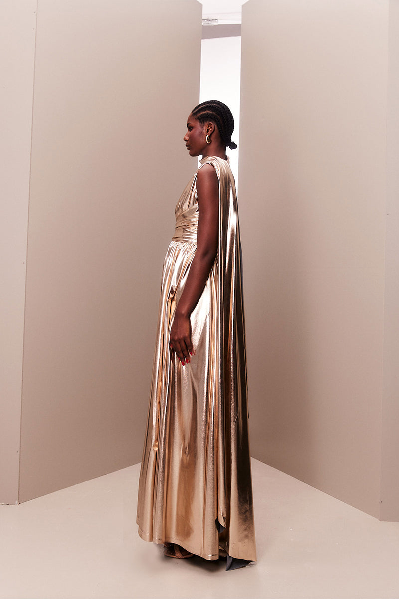 ROSE GOLD METALLIC DRAPED ASYMMETRIC GOWN - CULT MIA