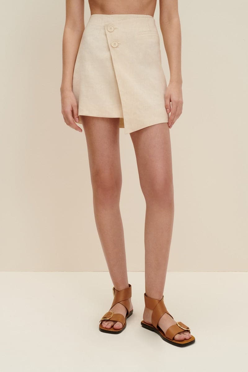 SANDY BEIGE ASYMMETRIC MINI SKIRT - CULT MIA