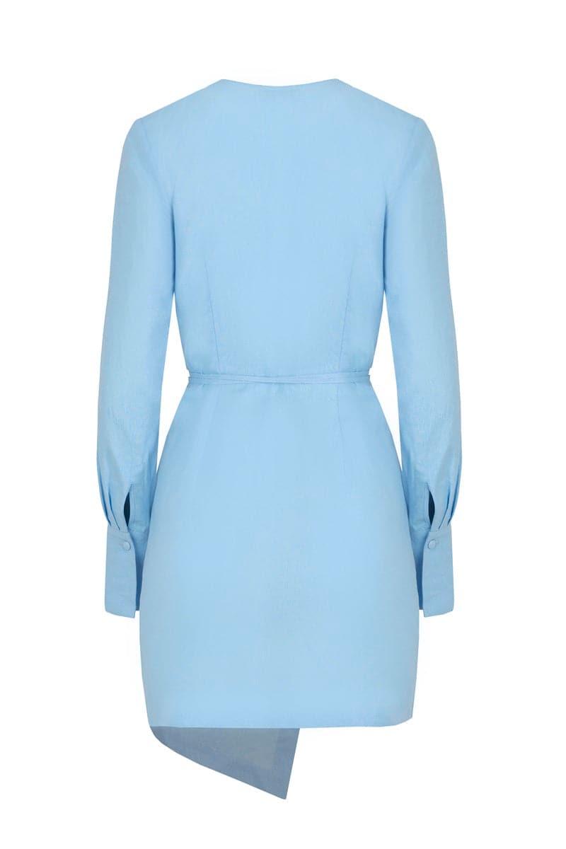 LIGHT BLUE LINEN-BLEND WRAP MINI DRESS - CULT MIA