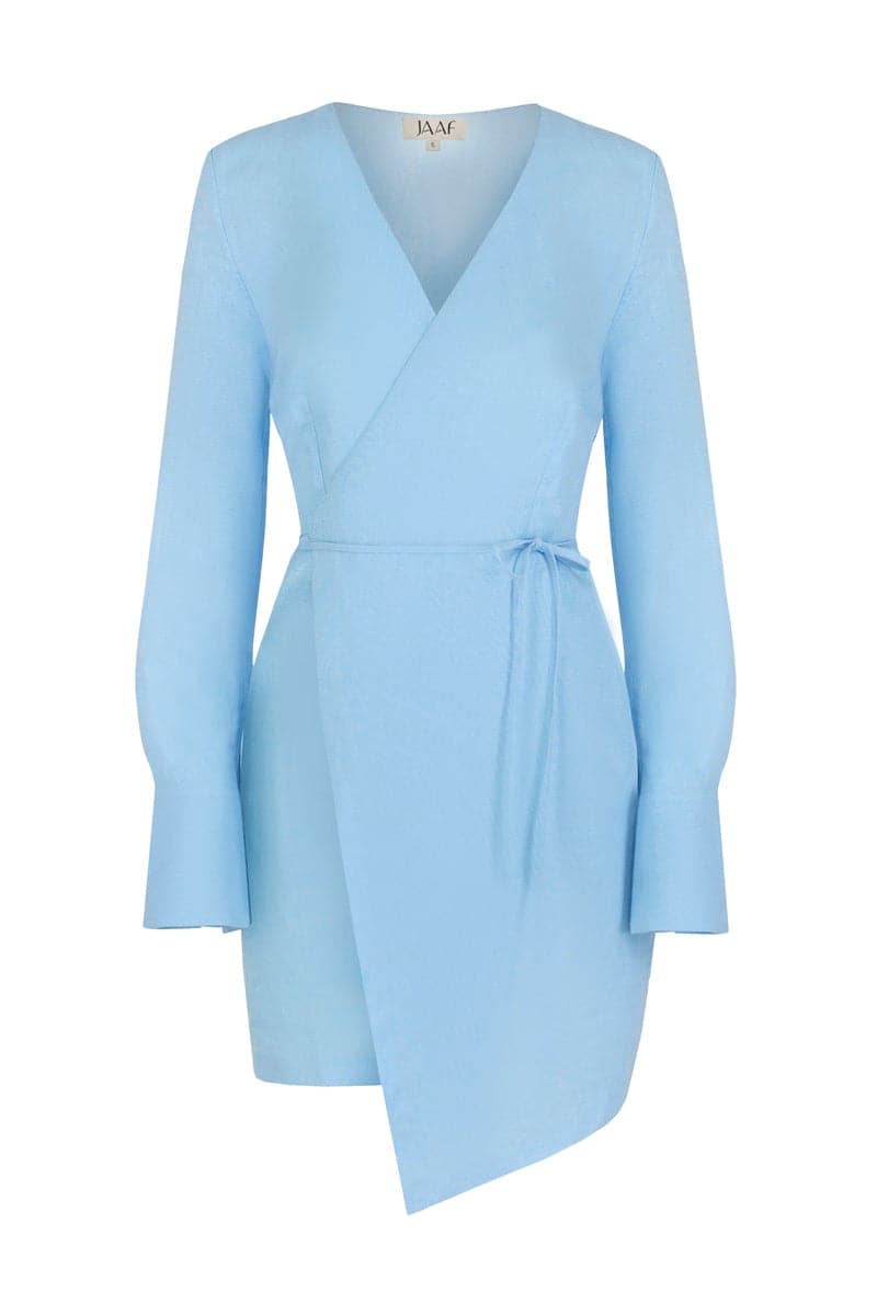 LIGHT BLUE LINEN-BLEND WRAP MINI DRESS - CULT MIA