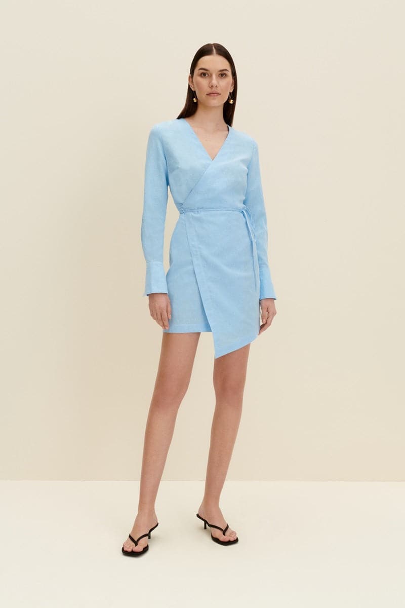 LIGHT BLUE LINEN-BLEND WRAP MINI DRESS