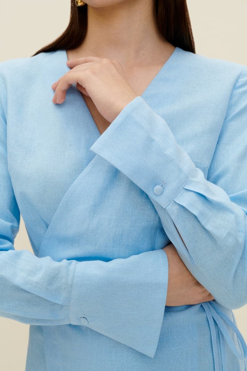LIGHT BLUE LINEN-BLEND WRAP MINI DRESS - CULT MIA