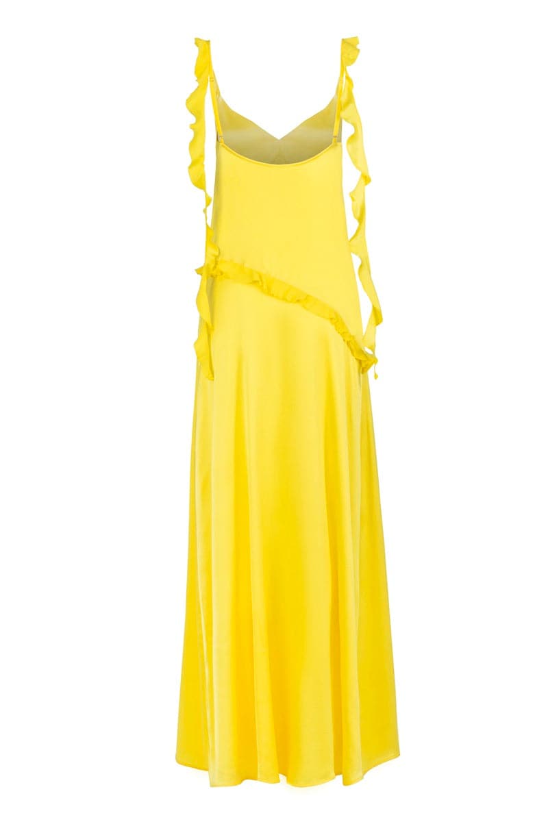 LEMON YELLOW RUFFLED SILK MAXI DRESS - CULT MIA
