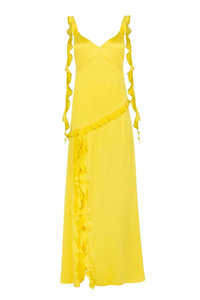 LEMON YELLOW RUFFLED SILK MAXI DRESS - CULT MIA