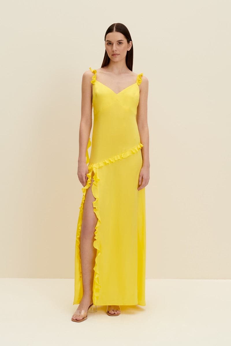 LEMON YELLOW RUFFLED SILK MAXI DRESS - CULT MIA