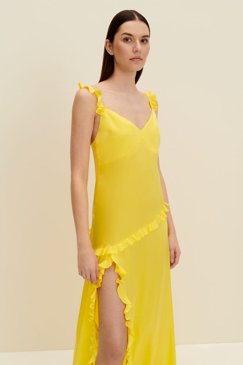 LEMON YELLOW RUFFLED SILK MAXI DRESS - CULT MIA
