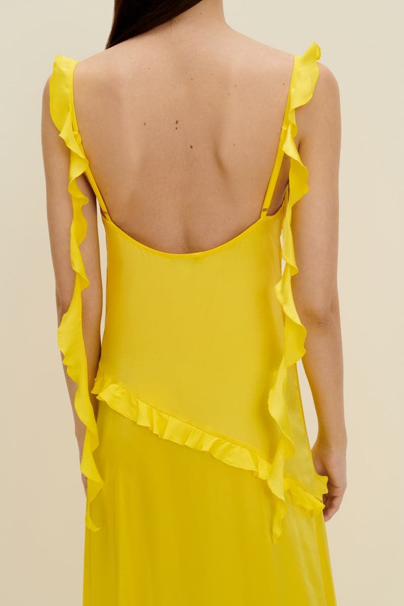 LEMON YELLOW RUFFLED SILK MAXI DRESS - CULT MIA