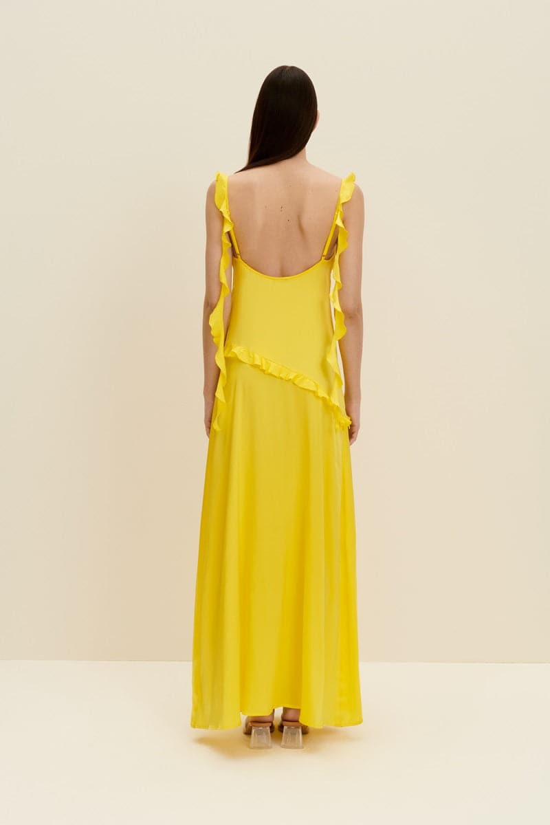 LEMON YELLOW RUFFLED SILK MAXI DRESS - CULT MIA