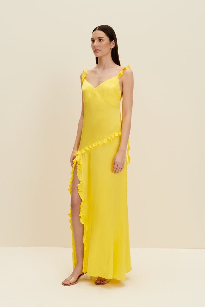 LEMON YELLOW RUFFLED SILK MAXI DRESS - CULT MIA