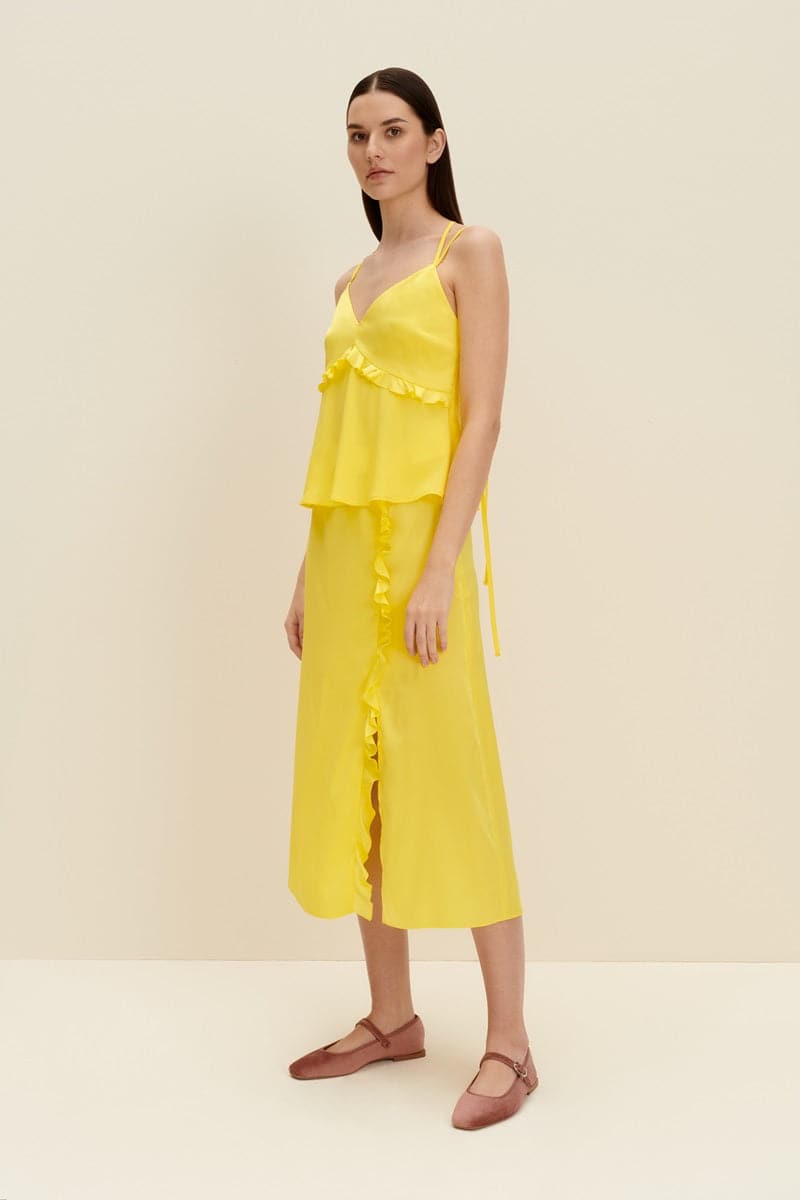 LEMON YELLOW RUFFLED SILK TOP - CULT MIA