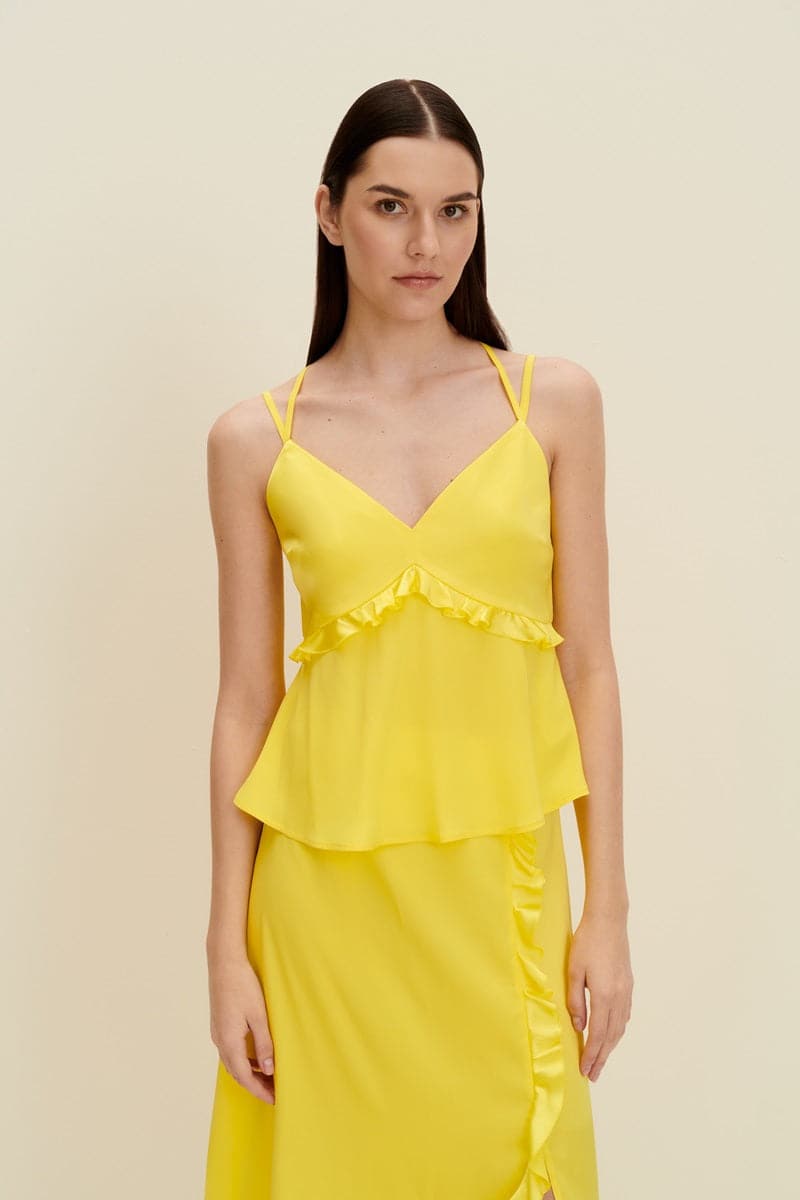 LEMON YELLOW RUFFLED SILK TOP - CULT MIA