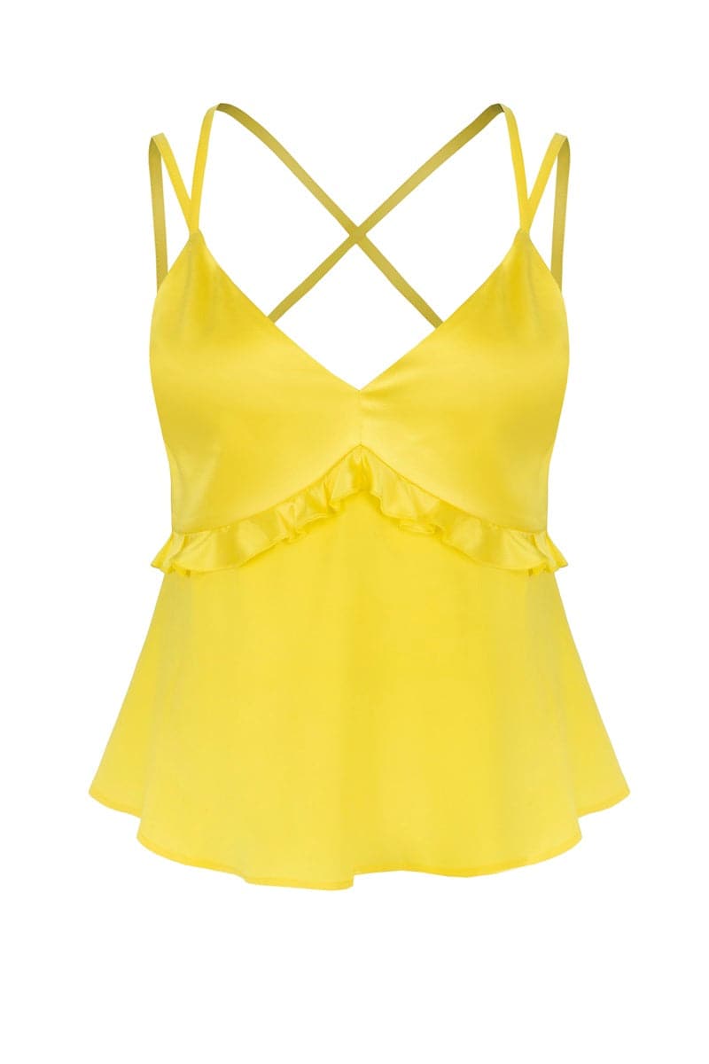 LEMON YELLOW RUFFLED SILK TOP - CULT MIA